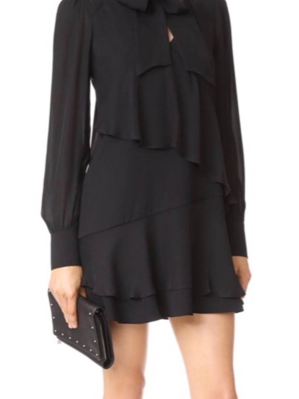 NWT Parker Black Tiered Tie-Neck Long Sleeve Dress small